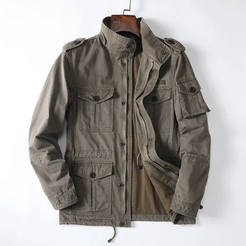 Men's Heavy Cotton Workwear Jacket Stand Collar Multi-Pocket Cargo Coat Outdoor Casual Loose Washed Windproof Jacket Top