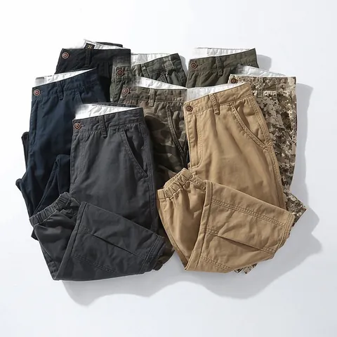 Men's Retro Cotton Camouflage Cargo Pants Mid Waist Multi Pocket Elastic Cuff Joggers Loose Casual Tactical Bottoms