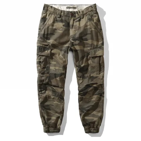 Men Retro Cargo Jogger Pants Loose Fit Multi Pocket Cotton Casual Sweatpants Elastic Cuff Tactical Trousers