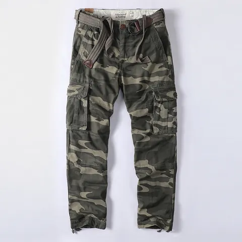 Men American Vintage Cotton Cargo Pants Multi Pocket Loose Straight Leg Camouflage Solid Durable Work Trousers With Belt