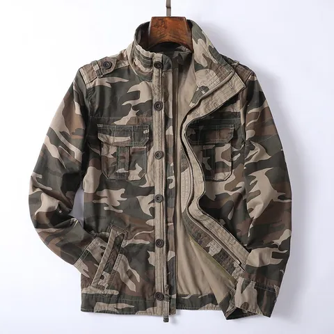 Herren Amerikanisches Retro Tarnung Baumwolle Jacke Workwear-Stil Multi-Pocket Stehkragen Top Lockere Passform Verschleißfest Outdoor Jacke