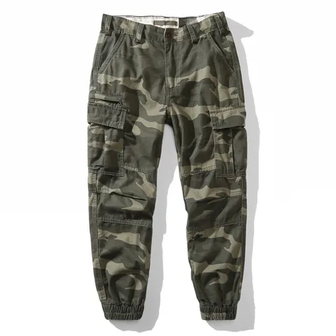 Men Retro Cargo Jogger Pants Loose Fit Multi Pocket Cotton Casual Sweatpants Elastic Cuff Tactical Trousers