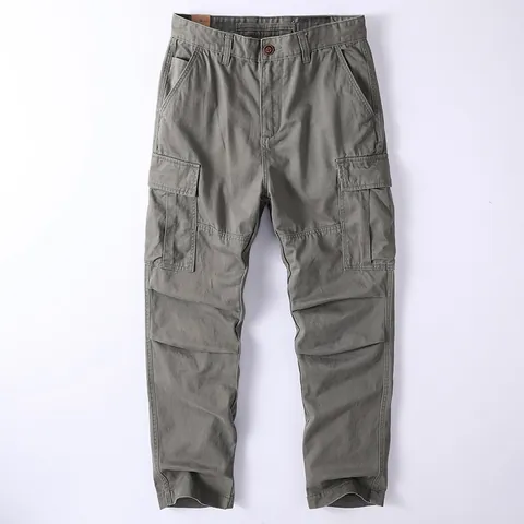 Men's American Retro Cotton Cargo Pants Casual Multi-Pocket Loose Straight Trousers Plus Size Outdoor Fashion Bottom