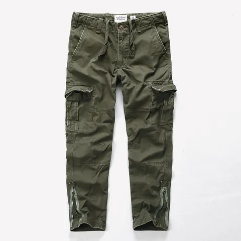 American Vintage Men's Cotton Cargo Pants Loose Camouflage Multi-Pocket Sporty Washed Pants With Zippered Cuffs Straight Leg Trousers