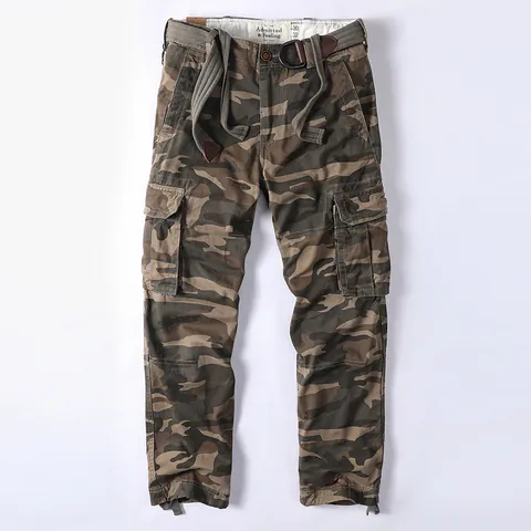 Men American Vintage Cotton Cargo Pants Multi Pocket Loose Straight Leg Camouflage Solid Durable Work Trousers With Belt