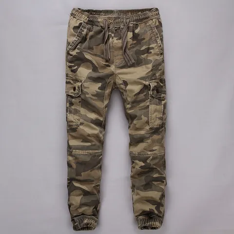 Men Vintage Camouflage Cargo Pants Cotton Washed Joggers Multi Pocket Elastic Waist Drawstring Tapered Cuffed Sports Bottom