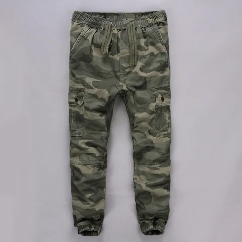 Men Vintage Camouflage Cargo Pants Cotton Washed Joggers Multi Pocket Elastic Waist Drawstring Tapered Cuffed Sports Bottom