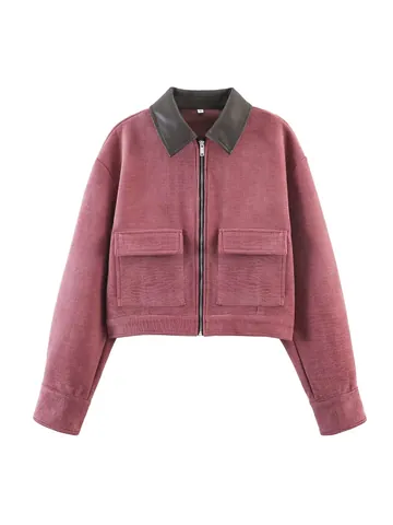 Women Vintage Corduroy Barn Jacket Contrast Faux Leather Patchwork Long Sleeve Zip Up Casual Outerwear Fashion Jacket Top