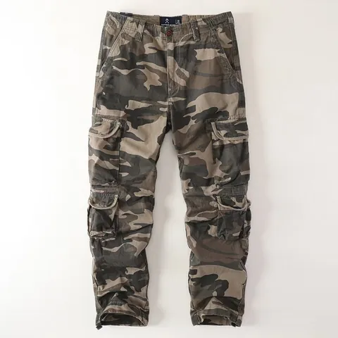 Men Retro Amekaji Cotton Cargo Pants Multi Pocket Straight Leg Casual Camouflage Tactical Work Trousers For Outdoor