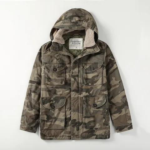 Men's Vintage Americana Cotton Padded Jacket Hooded Multi-pocket Camouflage Parka Warm Quilted Sherpa Lined Workwear Coat Top