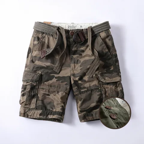 Men Summer Casual Cotton Cargo Shorts Camouflage Multi-Pocket Straight Loose Bottom With Belt Vintage Outdoor Fashion Shorts