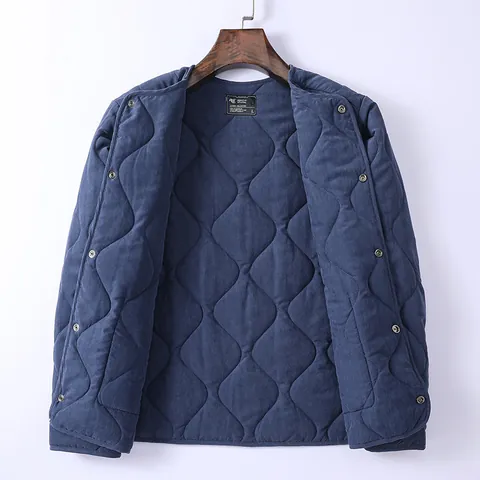 Chaqueta Forro Acolchado M65 Retro Americano para Hombre Rellena Cálida Color Sólido Cuello Redondo Botón a Presión Top Casual