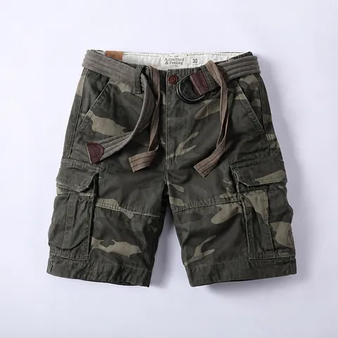Men Summer Casual Cotton Cargo Shorts Camouflage Multi-Pocket Straight Loose Bottom With Belt Vintage Outdoor Fashion Shorts