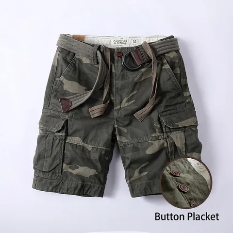 Men Summer Casual Cotton Cargo Shorts Camouflage Multi-Pocket Straight Loose Bottom With Belt Vintage Outdoor Fashion Shorts