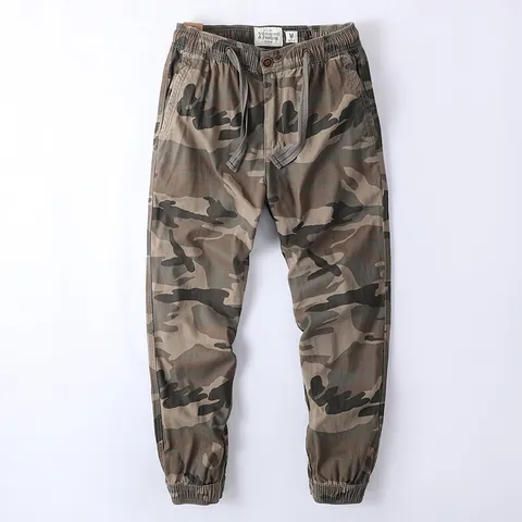 Men American Retro Cotton Camouflage Cargo Pants Loose Plus Size Outdoor Casual Jogger Cuffs Multi-pocket Trousers