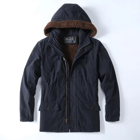 Men American Vintage Fleece Lined Padded Jacket Thick Hooded Multi Pocket Cotton Winter Mid Length Casual Outerwear Coat Top