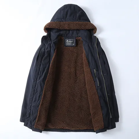 Men American Vintage Fleece Lined Padded Jacket Thick Hooded Multi Pocket Cotton Winter Mid Length Casual Outerwear Coat Top