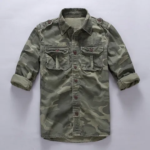 Men's American Retro Cotton Camouflage Slim Fit Workwear Shirt Thin Lapel Long Sleeve Casual Top For Men