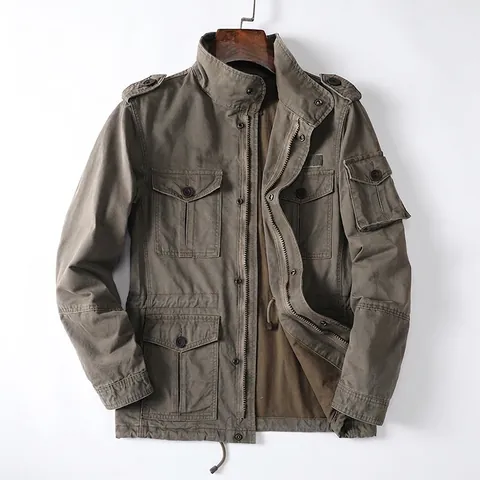 Men's Heavyweight Cotton Workwear Jacket Stand Collar Multi-Pocket Casual Loose Zip Up Cargo Coat Outerwear For Men Asian Size