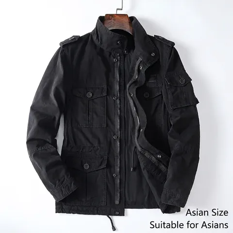Men's Heavyweight Cotton Workwear Jacket Stand Collar Multi-Pocket Casual Loose Zip Up Cargo Coat Outerwear For Men Asian Size