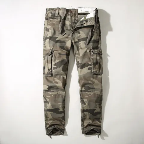 Men Retro Camouflage Cargo Pants Fleece Lined Thickened Warm Winter Casual Loose Multi Pocket Trousers Bottom