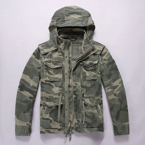 Men American Retro Camouflage Hooded Jacket Casual Workwear Multi Pocket Cotton Canvas Coat Outerwear For Men Autumn Top