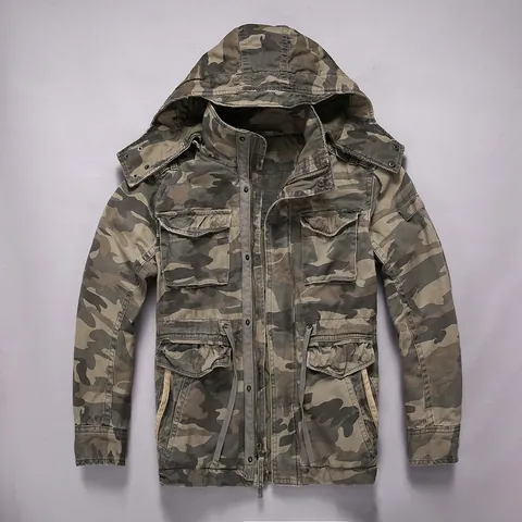 Men American Retro Camouflage Hooded Jacket Casual Workwear Multi Pocket Cotton Canvas Coat Outerwear For Men Autumn Top