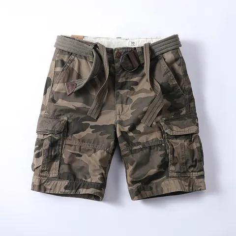 Men Vintage Cotton Camouflage Cargo Shorts With Belt Multi Pockets Casual Loose Straight Work Bottom Army Green Khaki Black