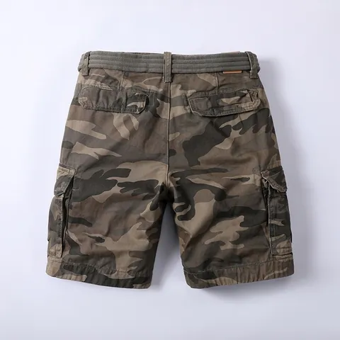 Men Vintage Cotton Camouflage Cargo Shorts With Belt Multi Pockets Casual Loose Straight Work Bottom Army Green Khaki Black