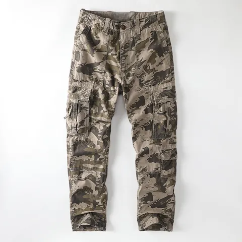 Pantalones Cargo de Hombre Vintage Camuflaje Amekaji Multi Bolsillos Pierna Recta Casual Holgados Algodón Otoño Primavera
