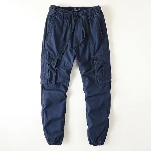 Men's American Vintage Casual Cargo Pants Multi-Pocket Loose Cotton Jogger Trousers Drawstring Mid Waist Wear Resistant Bottoms