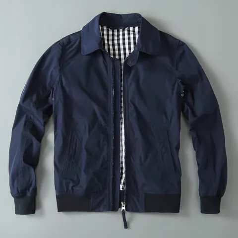 Men American Vintage Casual Zipper Jacket Windproof Lapel Outerwear Plaid Lining Thin Polyester Loose Top