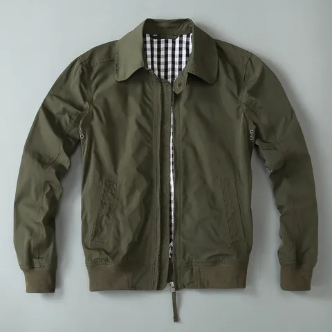 Men American Vintage Casual Zipper Jacket Windproof Lapel Outerwear Plaid Lining Thin Polyester Loose Top