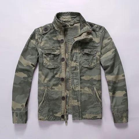 Herren Amerikanisch Retro Tarnung Utility Jacke Stehkragen Mehrfachtaschen Baumwolle Reißverschluss Oberbekleidung Lässig Militär Feldjacke