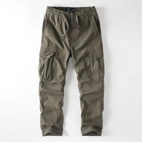 Pantalones Cargo para Hombre American Retro Casual Multi Bolsillo Holgado Recto Jogger Algodón Lavado Engrosado Exterior