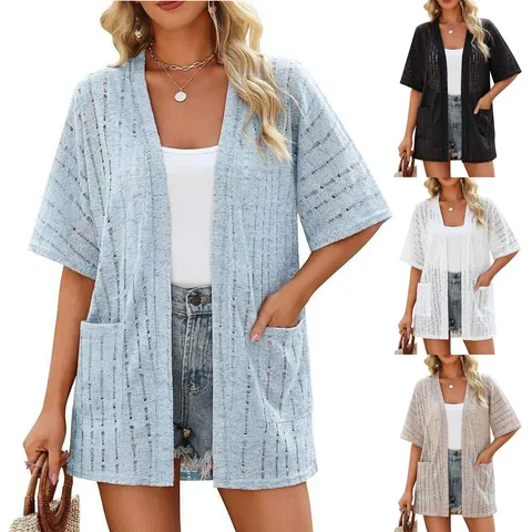 Dames Zomer Biologisch Katoen Cardigan Losse Zak Korte Mouw Open Voorkant Zonbescherming Kleding Dunne Textuur Bovenkleding