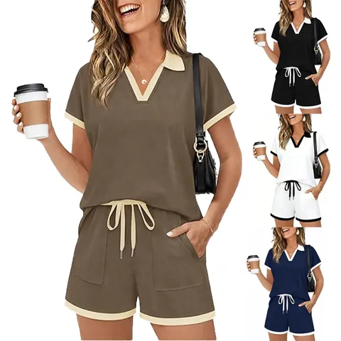 Women American Style Casual Cotton Blend Sporty Two-Piece Top And Bottom Contrast Binding Short Sleeve V-Neck Polo Shorts Co-ords