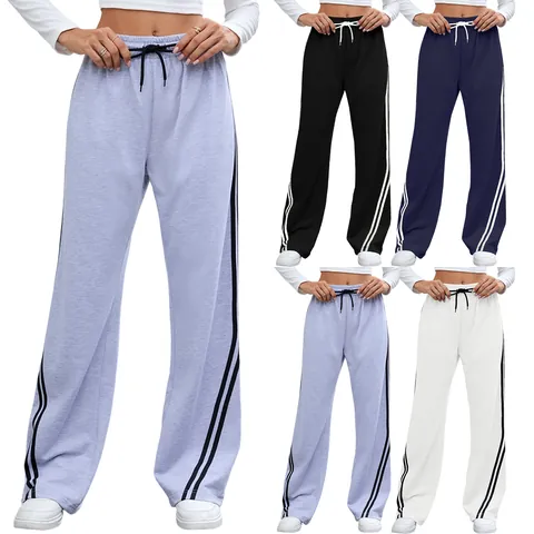 Women Organic Cotton Polyester Loose Wide Leg Sweatpants Side Striped Drawstring High Waist Straight Casual Pants Bottom