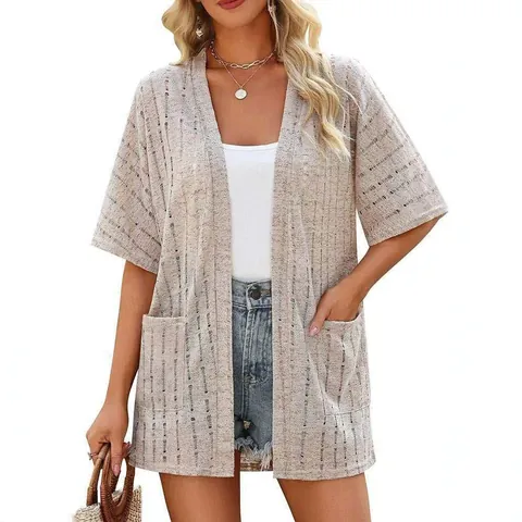 Dames Zomer Biologisch Katoen Cardigan Losse Zak Korte Mouw Open Voorkant Zonbescherming Kleding Dunne Textuur Bovenkleding