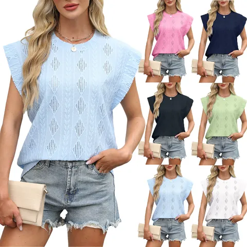 Dames Jacquard T-Shirt Ronde Hals Losse Geometrische Ruitpatroon Gebreide Top Casual Mouwloos Zomershirt