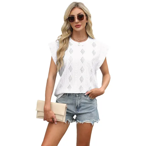Dames Jacquard T-Shirt Ronde Hals Losse Geometrische Ruitpatroon Gebreide Top Casual Mouwloos Zomershirt