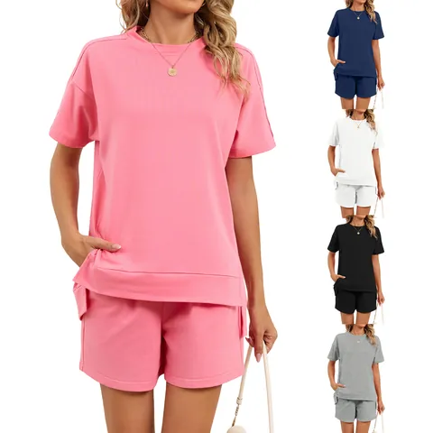 Women Casual Organic Cotton Spliced Top And Bottom Round Neck Side Slit T-Shirt Drawstring Pockets Shorts Leisure Set