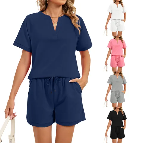 Conjunto Casual para Mujer Camiseta de Manga Corta Con Cuello en V y Pantalones Cortos Con Cordón Top And Bottom Color Sólido Mezcla de Algodón Orgánico