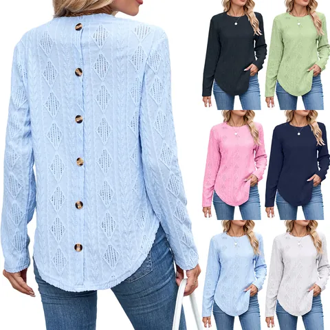 Dames Casual Lange Mouw Top Ronde Hals Knoop Achterkant Gebogen Zoom Opengewerkt Ruitvormige Textuur Rayonmix