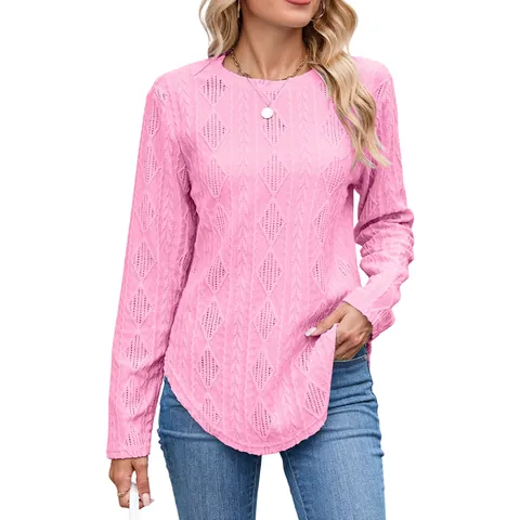 Dames Casual Lange Mouw Top Ronde Hals Knoop Achterkant Gebogen Zoom Opengewerkt Ruitvormige Textuur Rayonmix