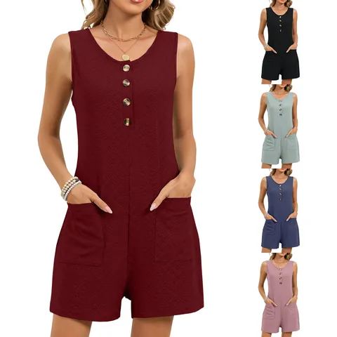 Women's Casual Organic Cotton Textured Romper Sleeveless Single Breasted Jumpsuit With Pockets Solid Color Summer Top And Bottom