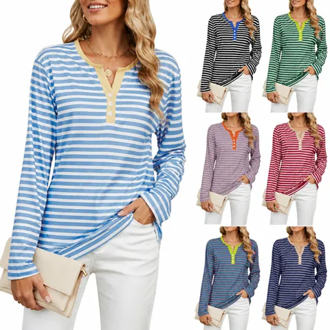 Dames Casual Contrast V-hals Gestreepte Lange Mouwen T-Shirt Losse Pasvorm Henley Knoop Rayon Polyester Top