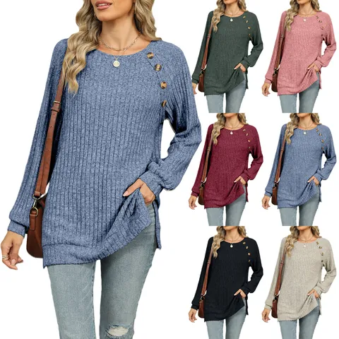 Women's Casual Organic Cotton Polyester Ribbed Knit Long Sleeve Top With Raglan Sleeve Side Slit Button Decoration Top