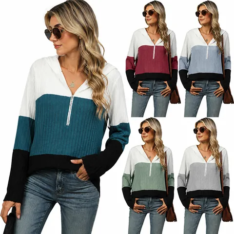 Damen Patchwork Kapuzenpullover Sweatshirt 1/4 Reißverschluss Langarm Colorblock Kapuzenpulli Rippstrick Top Streetwear Herbst