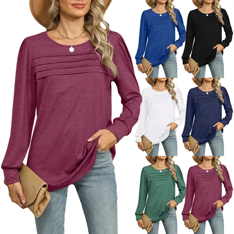 Γυναικείο Μακρυμάνικο T-Shirt με Πτυχώσεις και Στρογγυλή Λαιμόκοψη Μονόχρωμο Βαμβακερό Πολυεστερικό Πουλόβερ για Φθινόπωρο Χειμώνα Casual